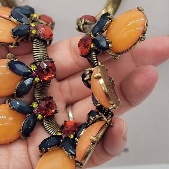 BaubleBar Opaque Amber Navy & Pink Glass Scarab Style Statement Necklace 16”+3” - Picture 9 of 12
